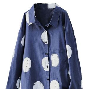 Minibee Women's Button Down Tunic Tops Polka Blouse Cotton Shirt size L